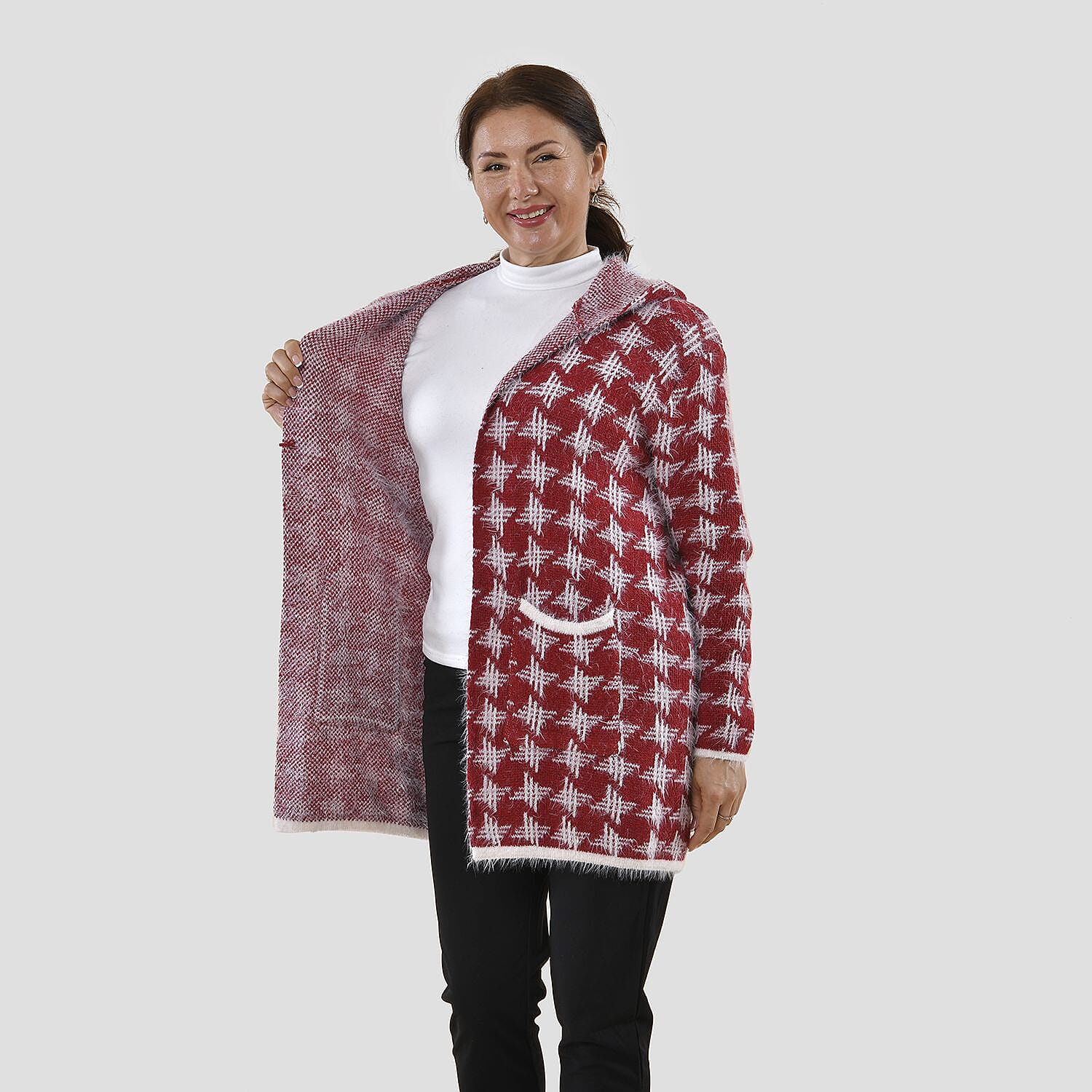 TAMSY Geometric Pattern Women's Hoodie with 2 Pockets (Size 108x80 Cm) - Pink and White 8861094 6