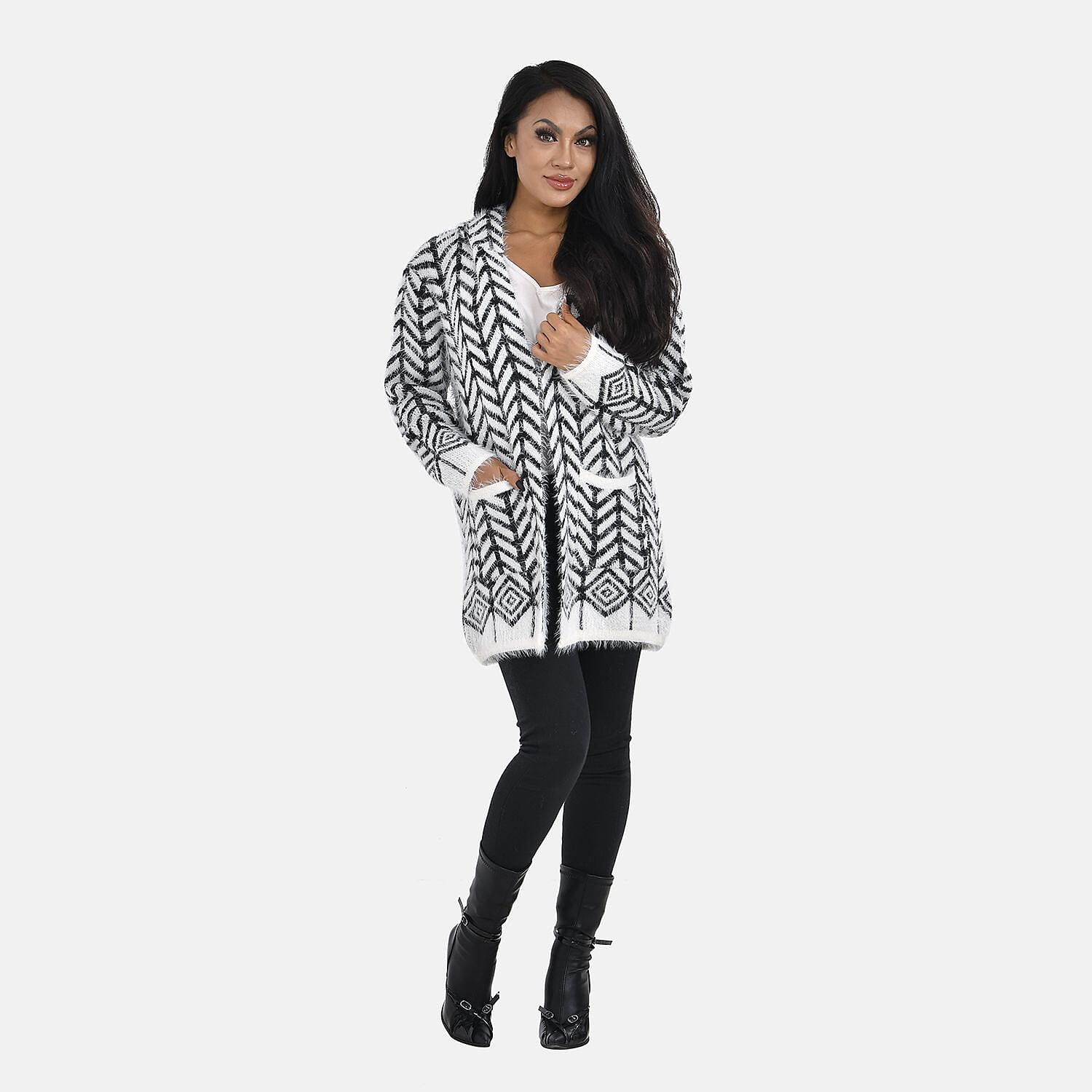 Abstract Pattern Coatigan with Hoodie (Size Up to 20) - Black &amp; White 7487187 0