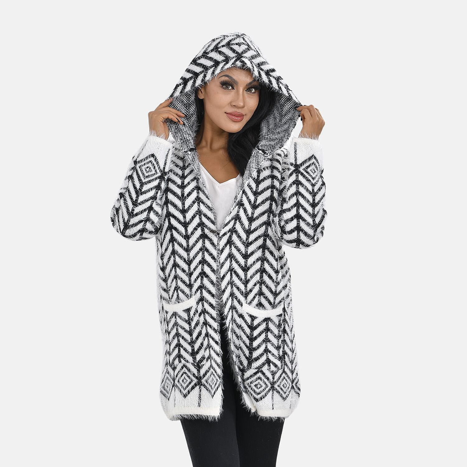 Abstract Pattern Coatigan with Hoodie (Size Up to 20) - Black &amp; White 7487187 2