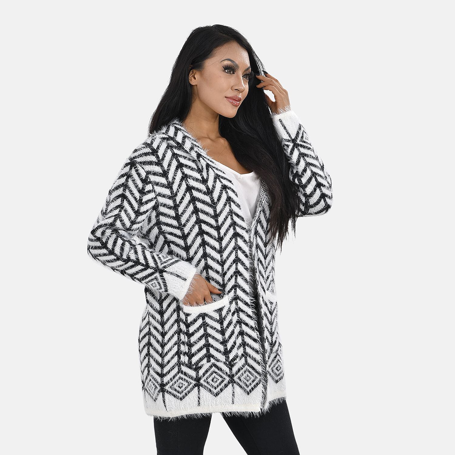 Abstract Pattern Coatigan with Hoodie (Size Up to 20) - Black &amp; White 7487187 3