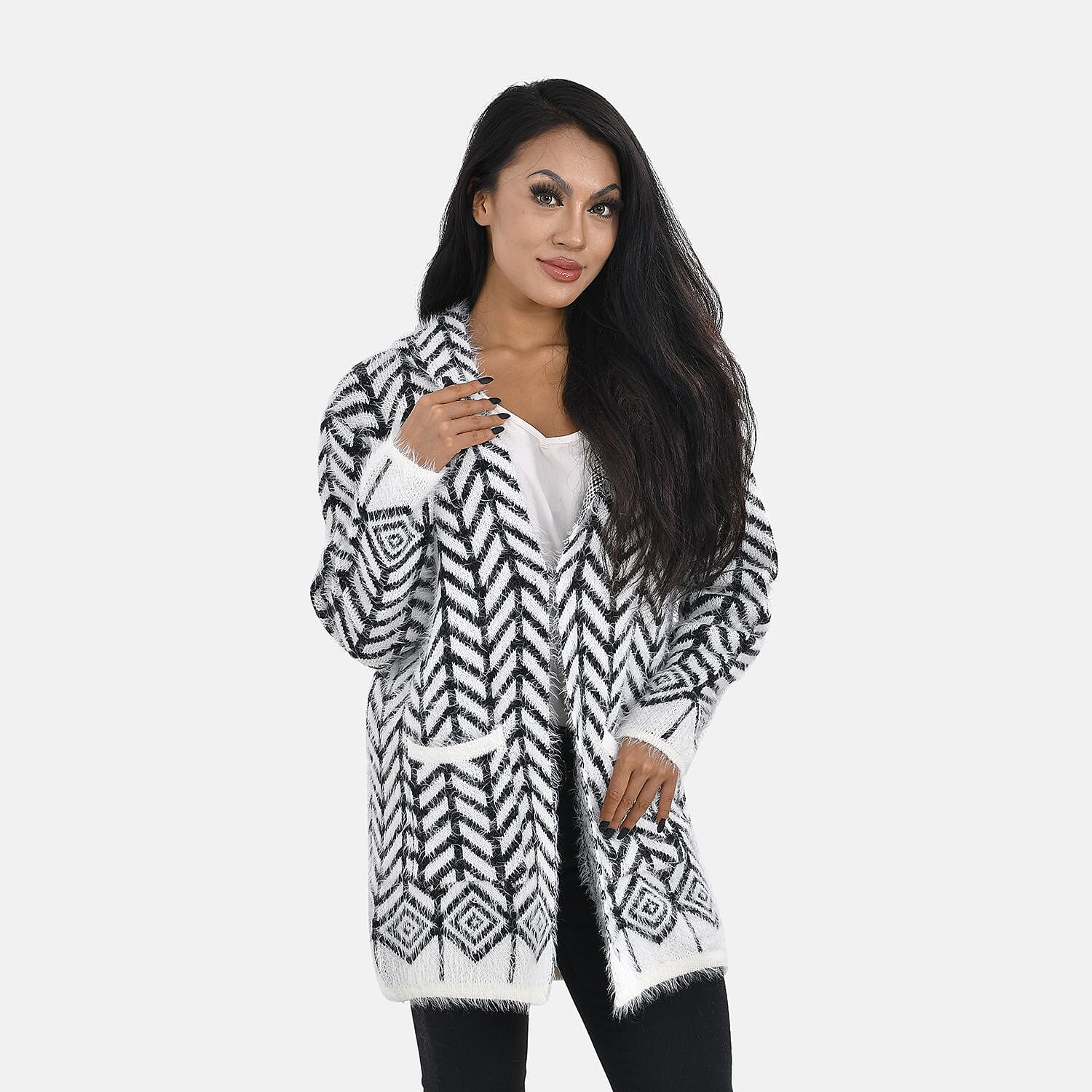 Abstract Pattern Coatigan with Hoodie (Size Up to 20) - Black &amp; White 7487187 5
