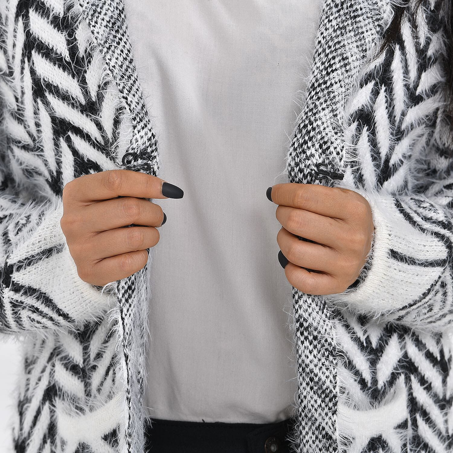 Abstract Pattern Coatigan with Hoodie (Size Up to 20) - Black &amp; White 7487187 6