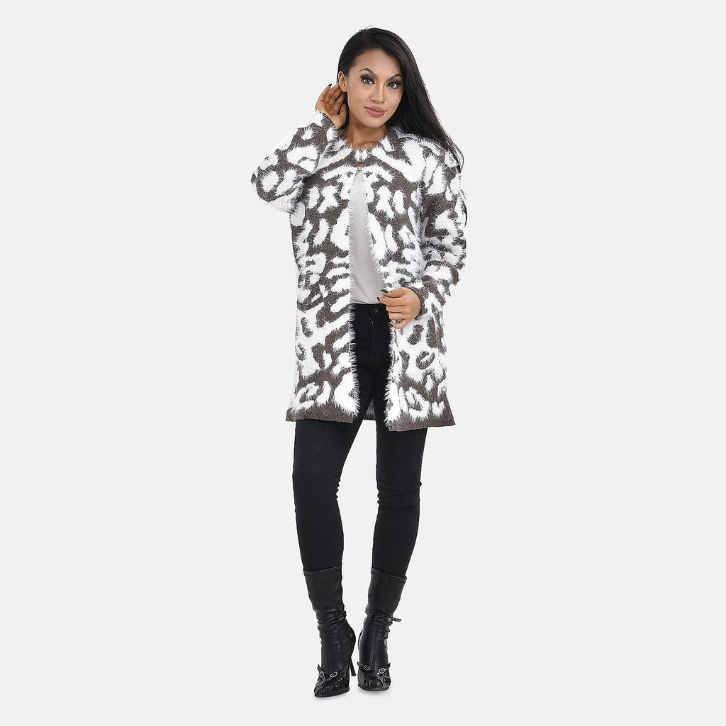 Tamsy Leopard Print Crew Neck Cardigan with Pockets (Size 110x82 cm) - Brown - White