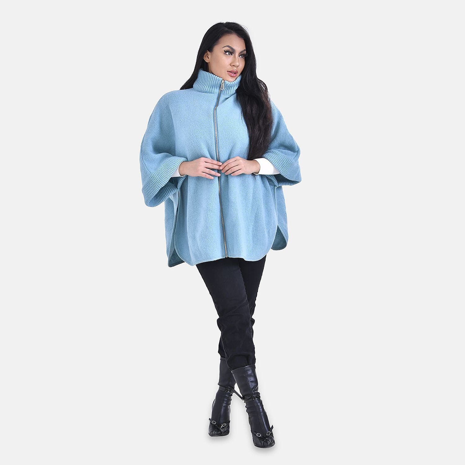 Stand Collar Zipper Closure Winter Poncho (One Size) - Aqua Blue 7512897 0