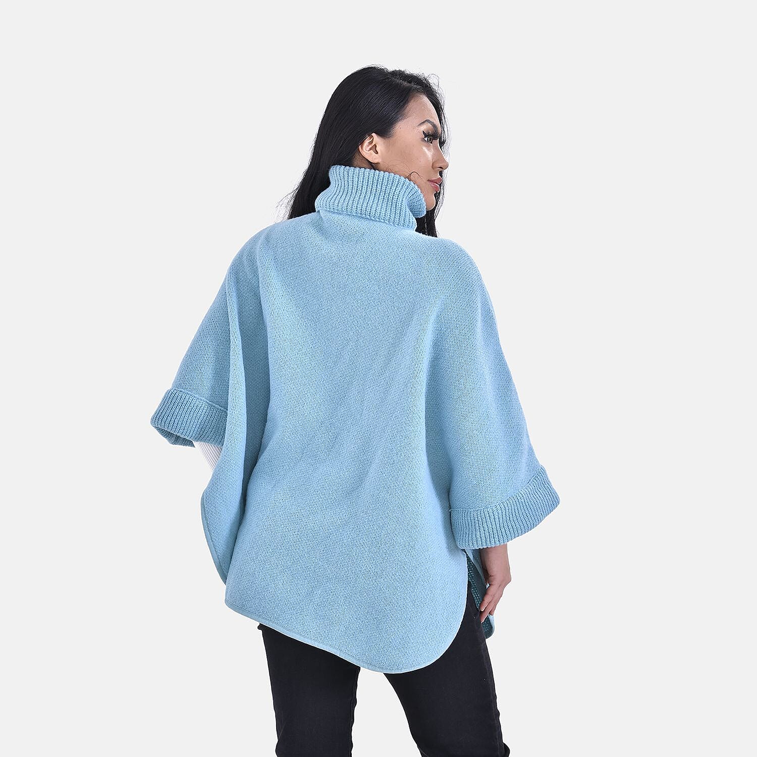 Stand Collar Zipper Closure Winter Poncho (One Size) - Aqua Blue 7512897 1
