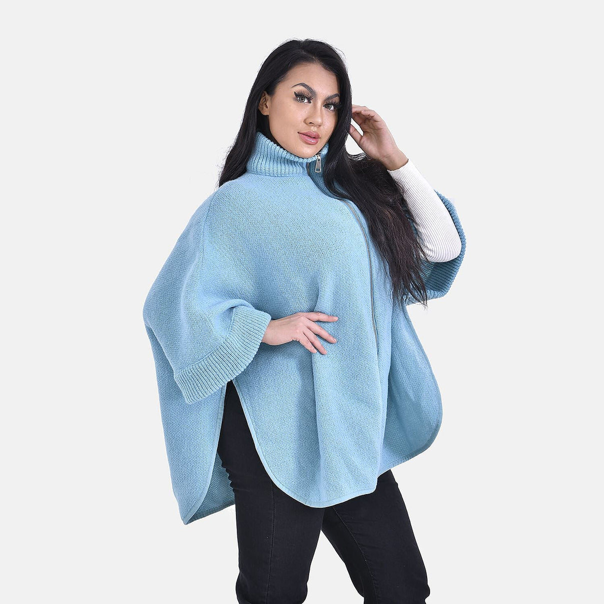 Stand Collar Zipper Closure Winter Poncho (One Size) - Aqua Blue 7512897 2