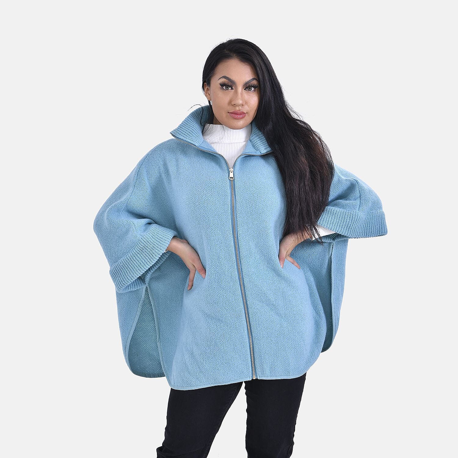 Stand Collar Zipper Closure Winter Poncho (One Size) - Aqua Blue 7512897 3