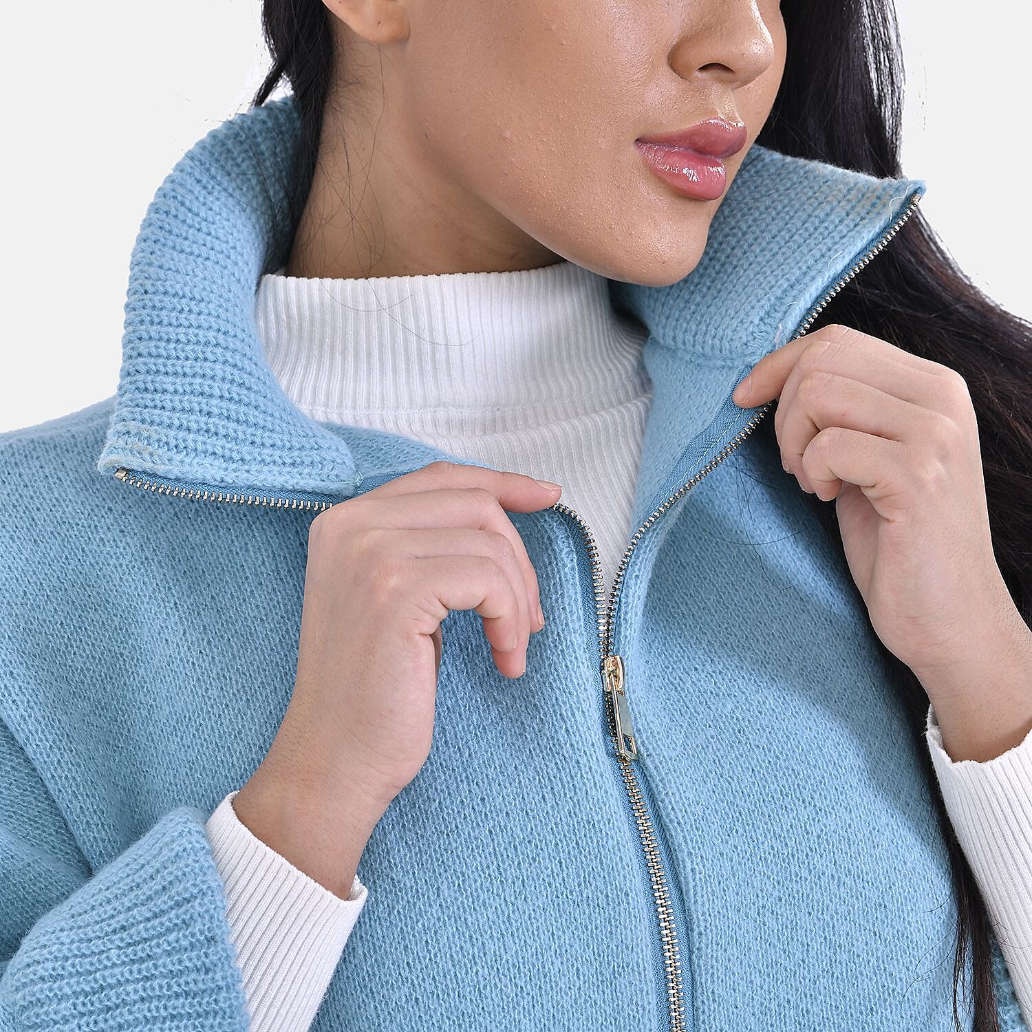 Stand Collar Zipper Closure Winter Poncho (One Size) - Aqua Blue 7512897 4