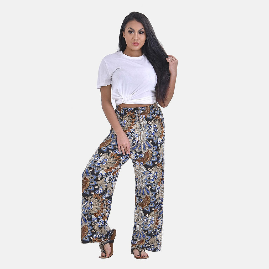 Tamsy Abstract Peacock Feather Pattern Trousers (One Size, 8-16) - Peacock one