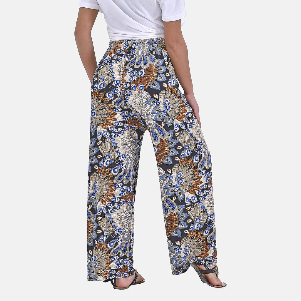 Tamsy Abstract Peacock Feather Pattern Trousers (One Size, 8-16) - Peacock one