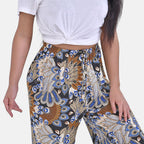 Tamsy Abstract Peacock Feather Pattern Trousers (One Size, 8-16) - Peacock one