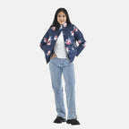 Peony Patterned Padded Jacket with 2 Side Pockets (Size XL, 134X68 cm) - Navy