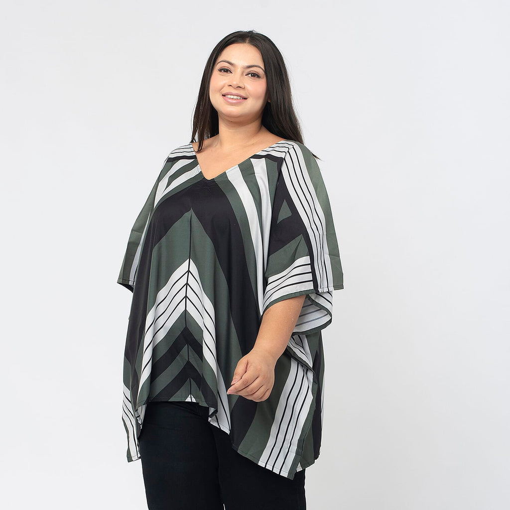 TAMSY Printed V-Neck Kaftan (Size L) - Khaki