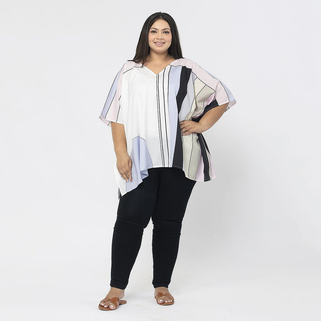 TAMSY Stripe Pattern V-Neck Kaftan (Size S) - Pink - White