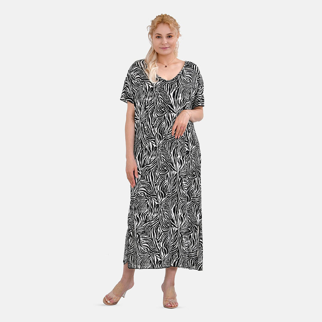 Tamsy V-Neck Zebra Stripe Print Dress (One Size) - Black