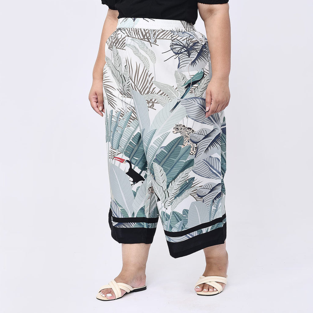 Tamsy Printed Cropped Palazzo (Size L, Inside Leg Lenth 53 cm) - Leaves