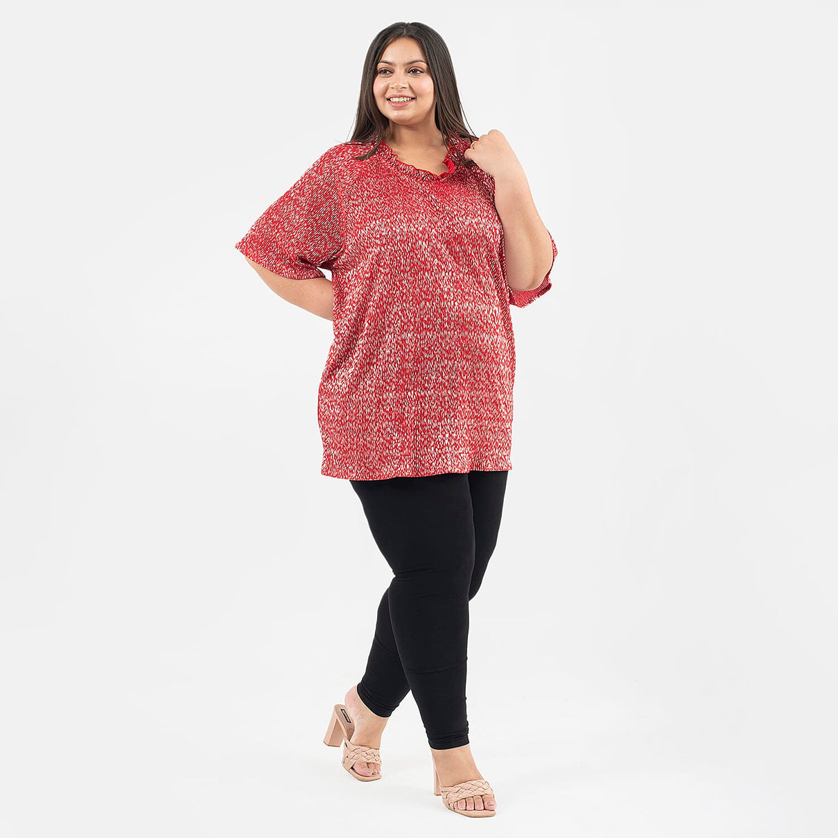 TAMSY Knit Foil Printed Pleated Tunic  - Red 7133677 3