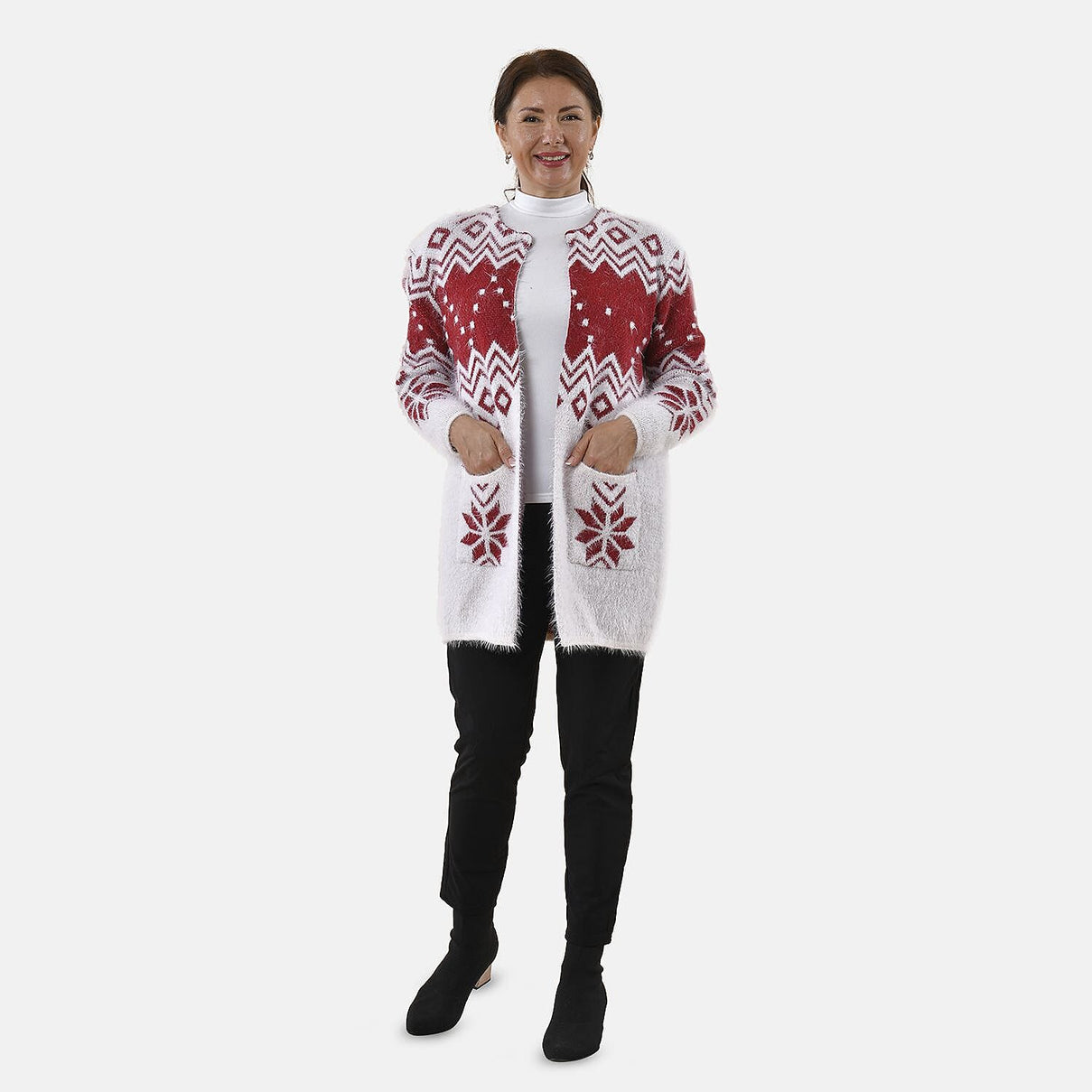 TAMSY Snowflake Pattern Women's Cardigan with 2 Pockets - White and Burgundy 8861088 0