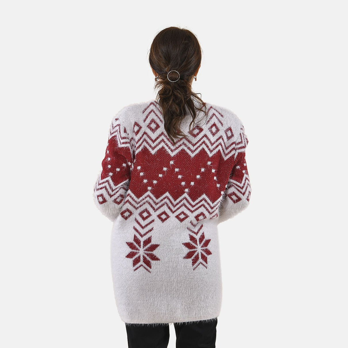 TAMSY Snowflake Pattern Women's Cardigan with 2 Pockets - White and Burgundy 8861088 2
