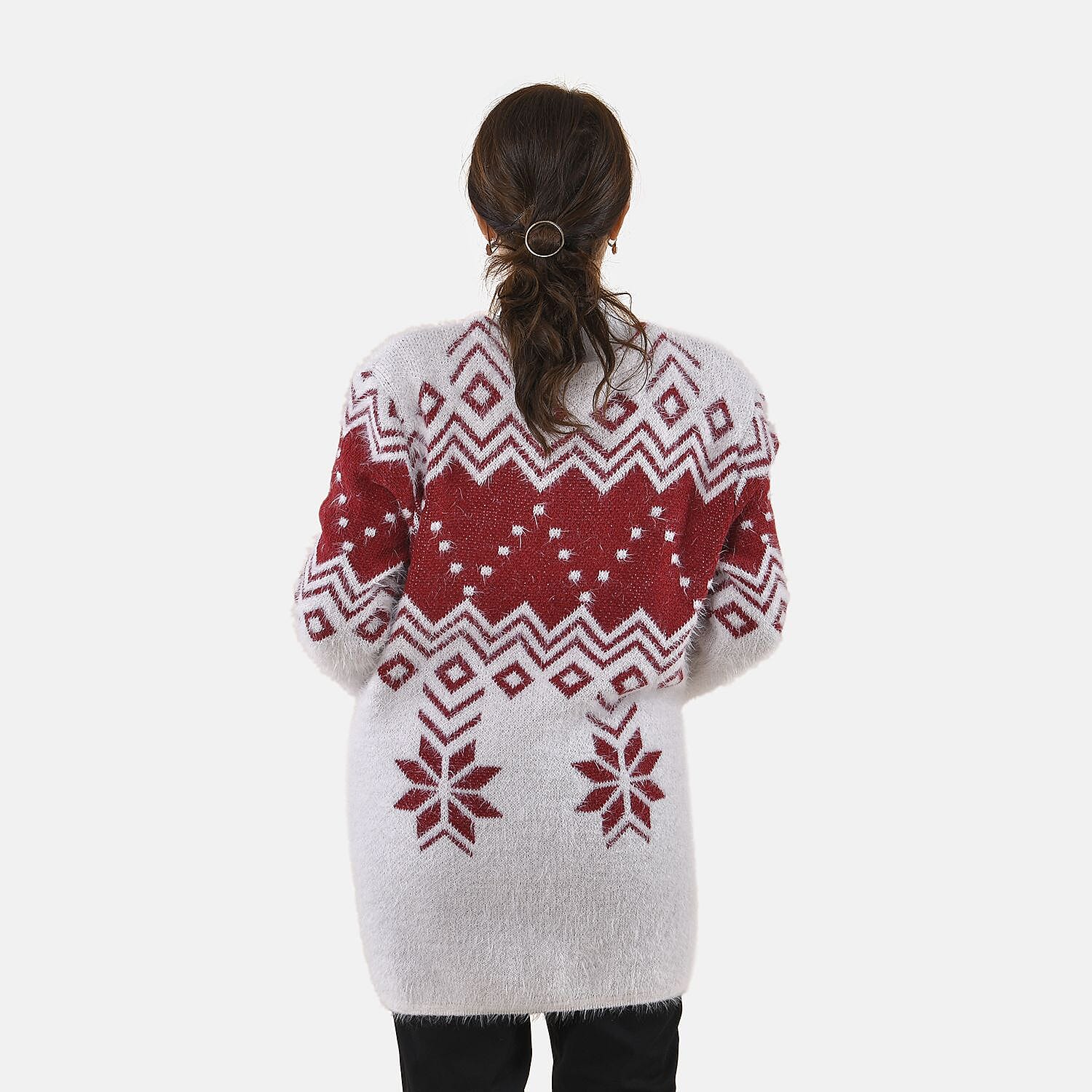 TAMSY Snowflake Pattern Women's Cardigan with 2 Pockets - White and Burgundy 8861088 2