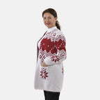 Tamsy Snowflake Pattern Caridgan with 2 Pockets (Sze 8-20) - White - Burgundy