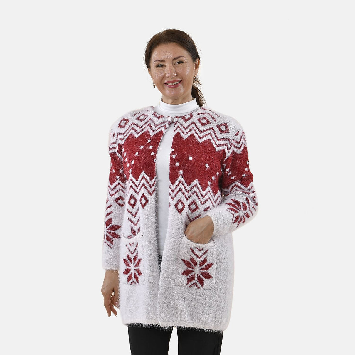 TAMSY Snowflake Pattern Women's Cardigan with 2 Pockets - White and Burgundy 8861088 4