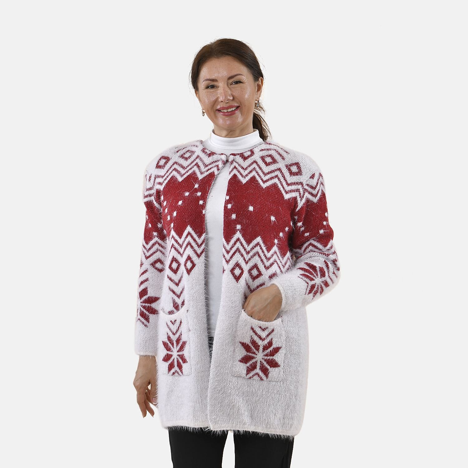 TAMSY Snowflake Pattern Women's Cardigan with 2 Pockets - White and Burgundy 8861088 4