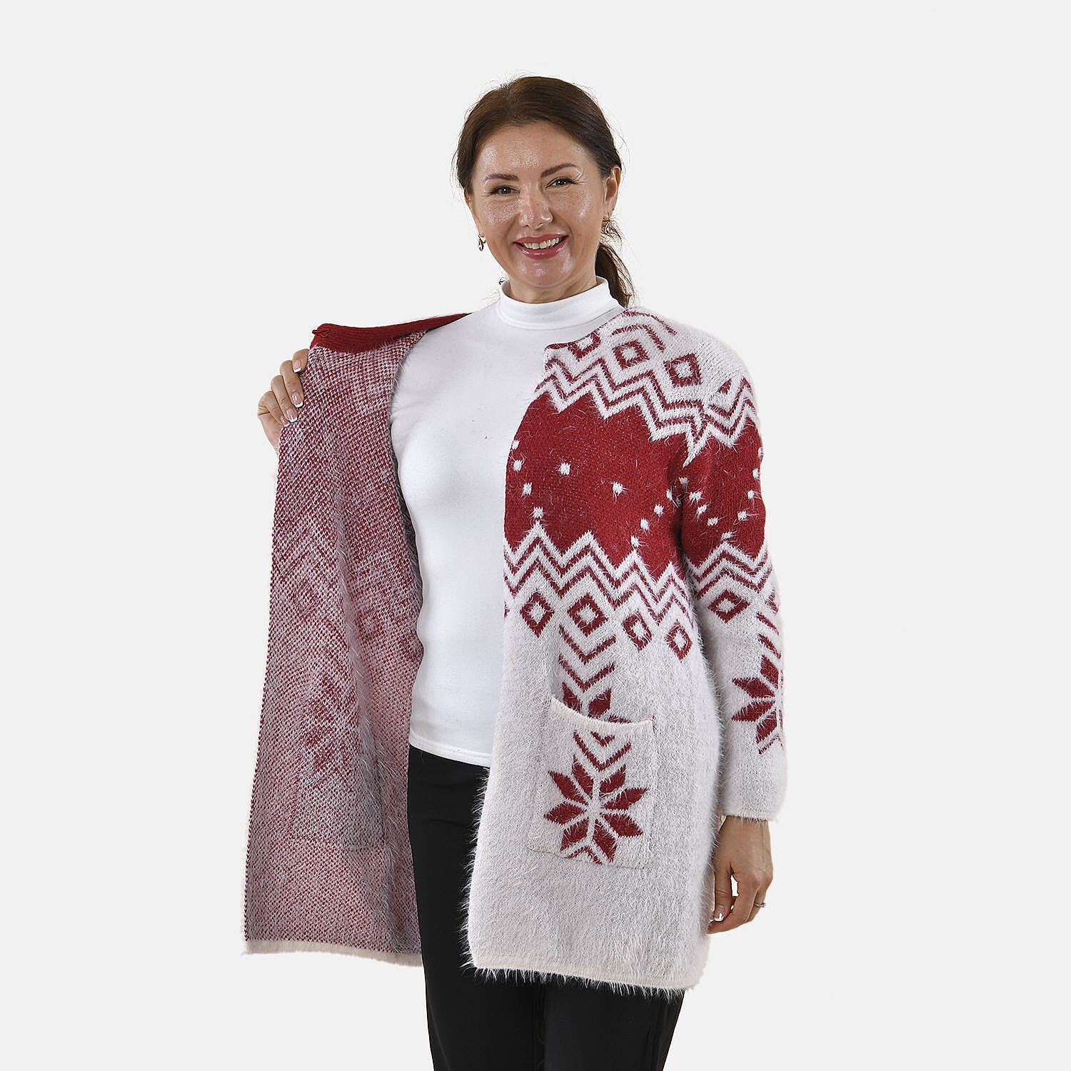 TAMSY Snowflake Pattern Women's Cardigan with 2 Pockets - White and Burgundy 8861088 5