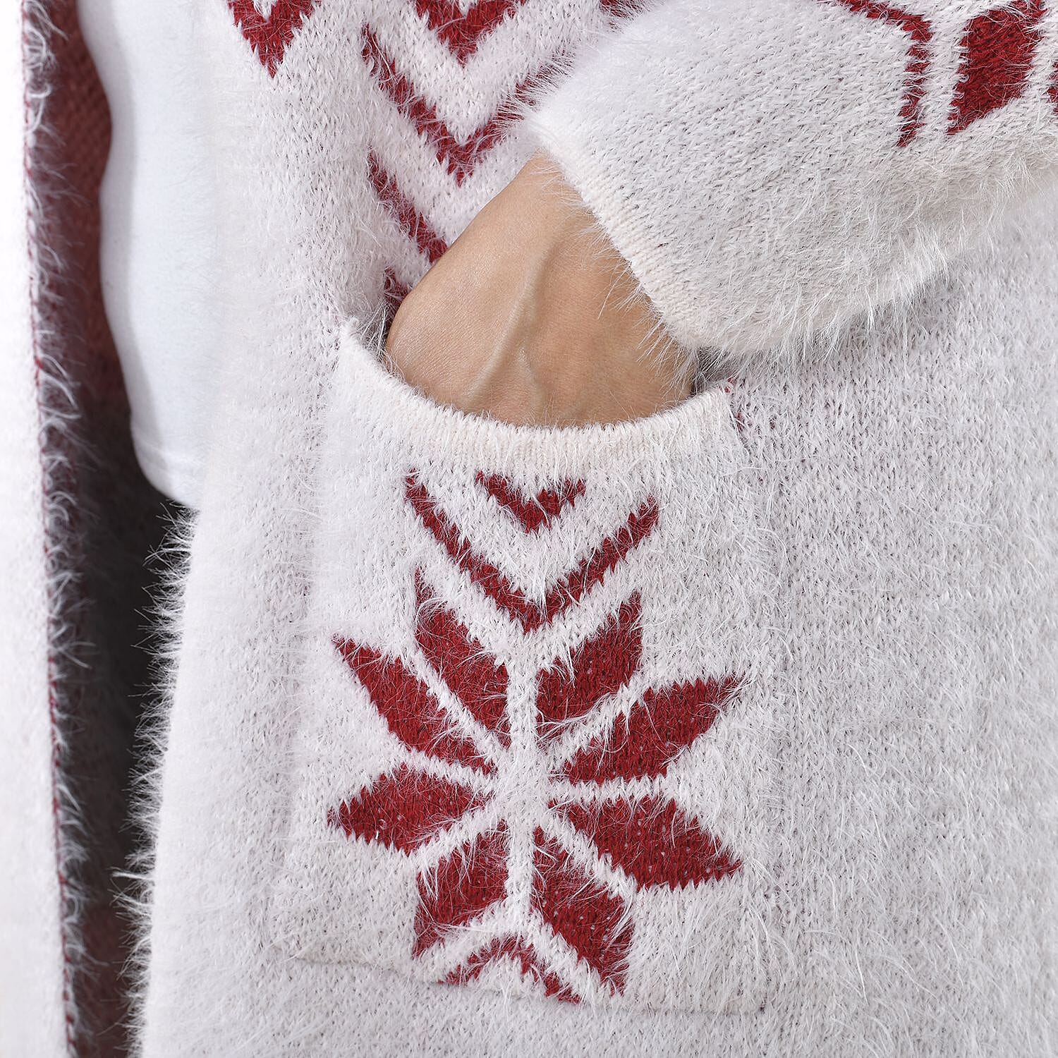 TAMSY Snowflake Pattern Women's Cardigan with 2 Pockets - White and Burgundy 8861088 6