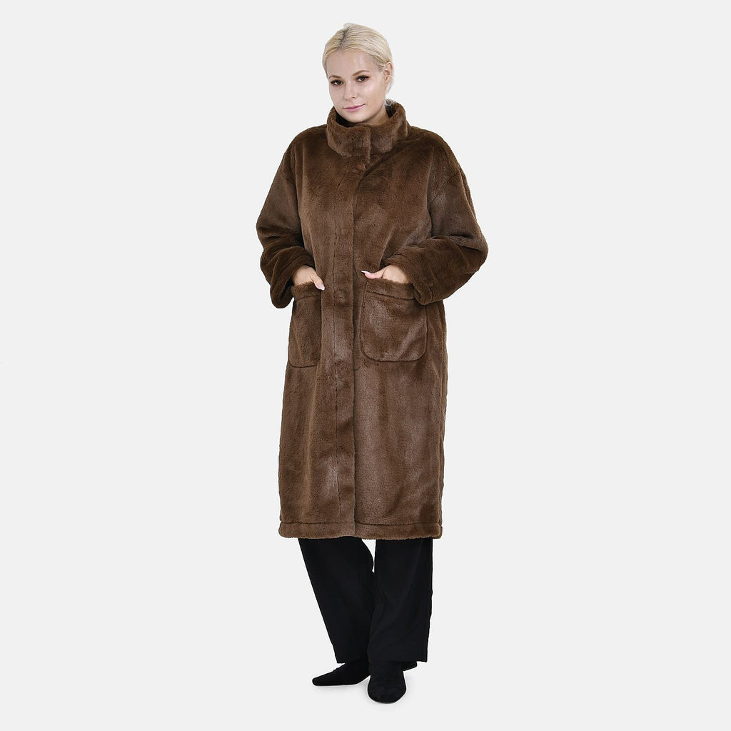 Faux Fur Collared Relaxed Longline Coat (Size XXL) - Brown