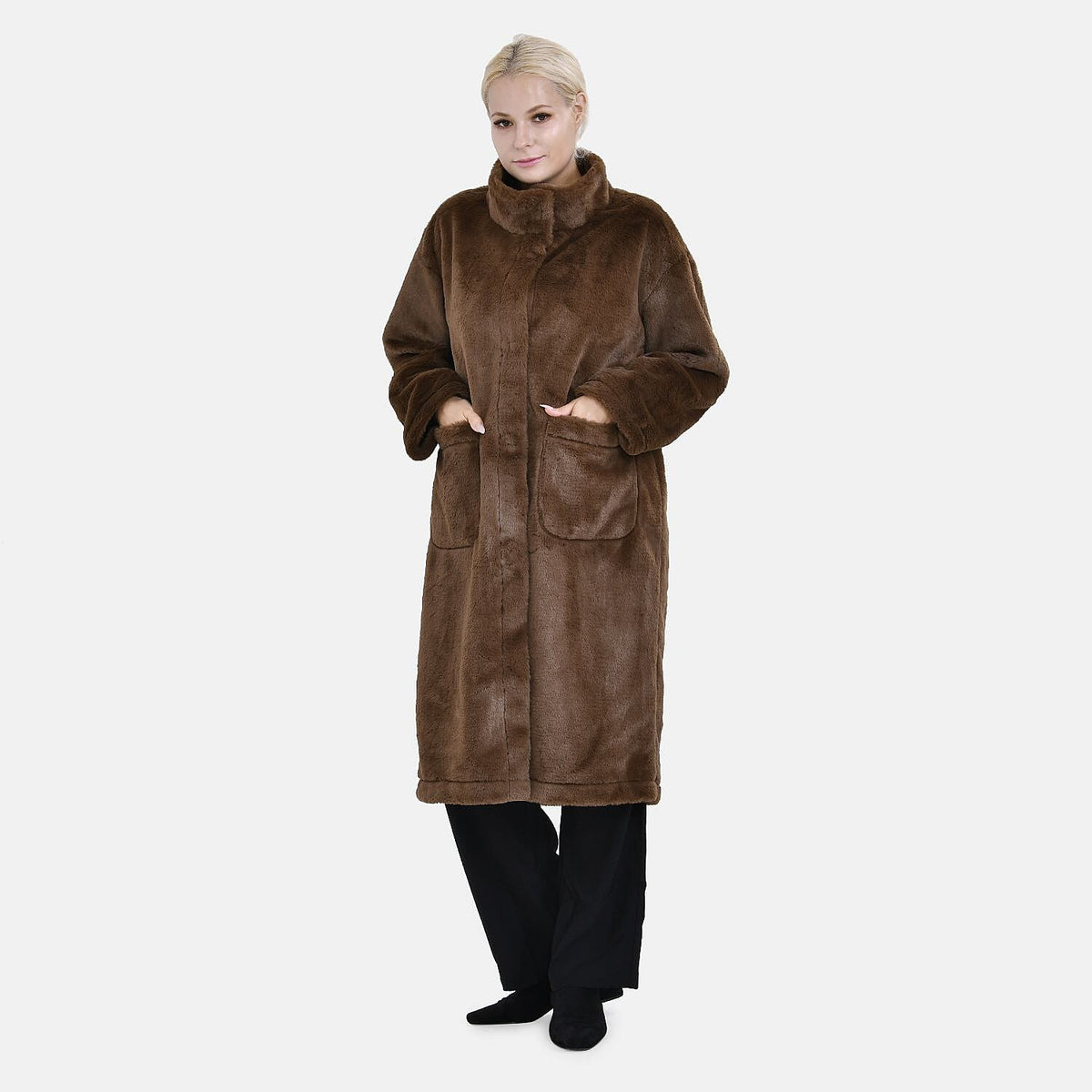 Faux Fur Collared Relaxed Longline Coat (Size L) - Brown 7575284 0