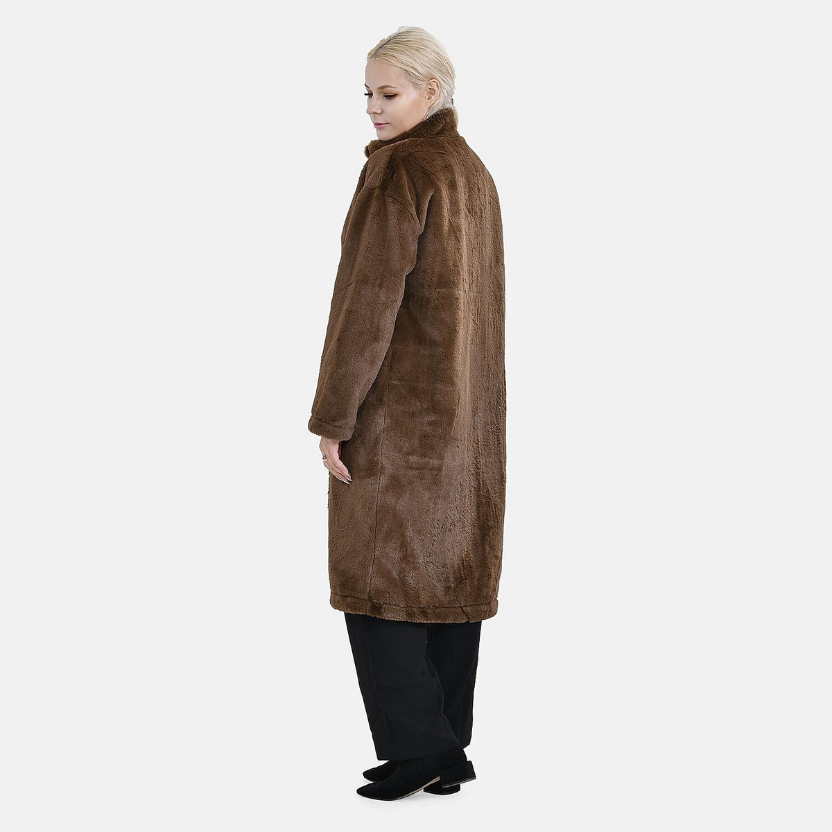 Faux Fur Collared Relaxed Longline Coat (Size L) - Brown 7575284 2