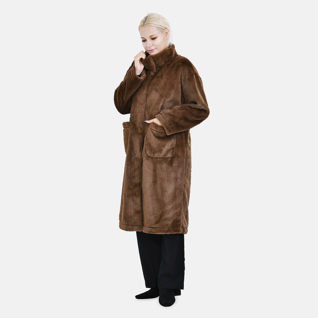 Faux Fur Collared Relaxed Longline Coat (Size XXL) - Brown