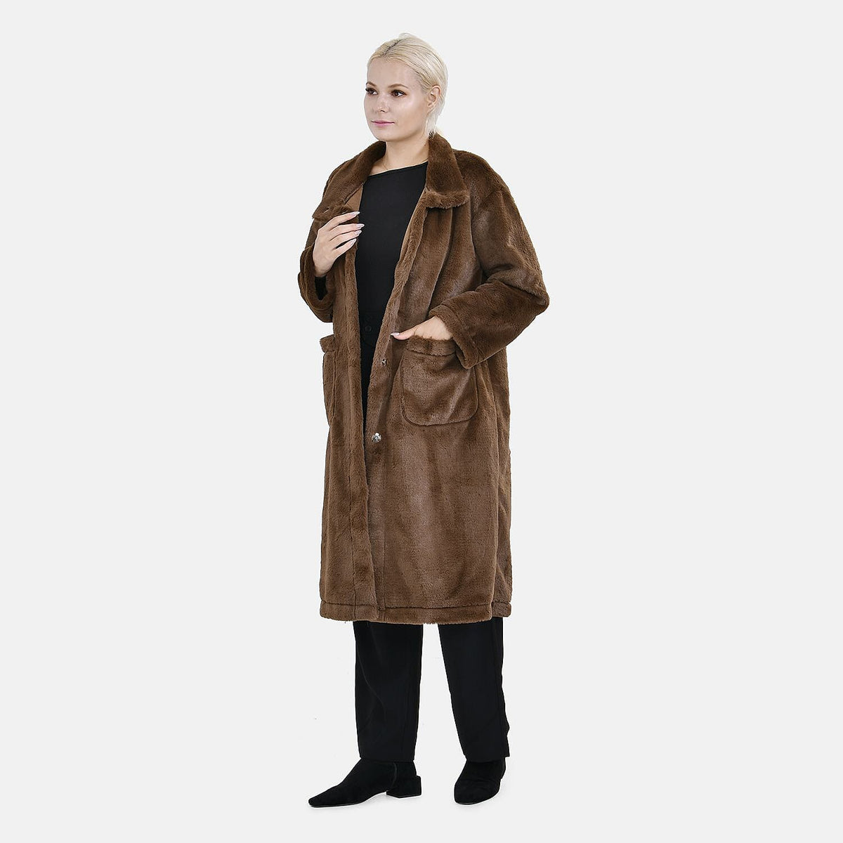 Faux Fur Collared Relaxed Longline Coat (Size L) - Brown 7575284 4