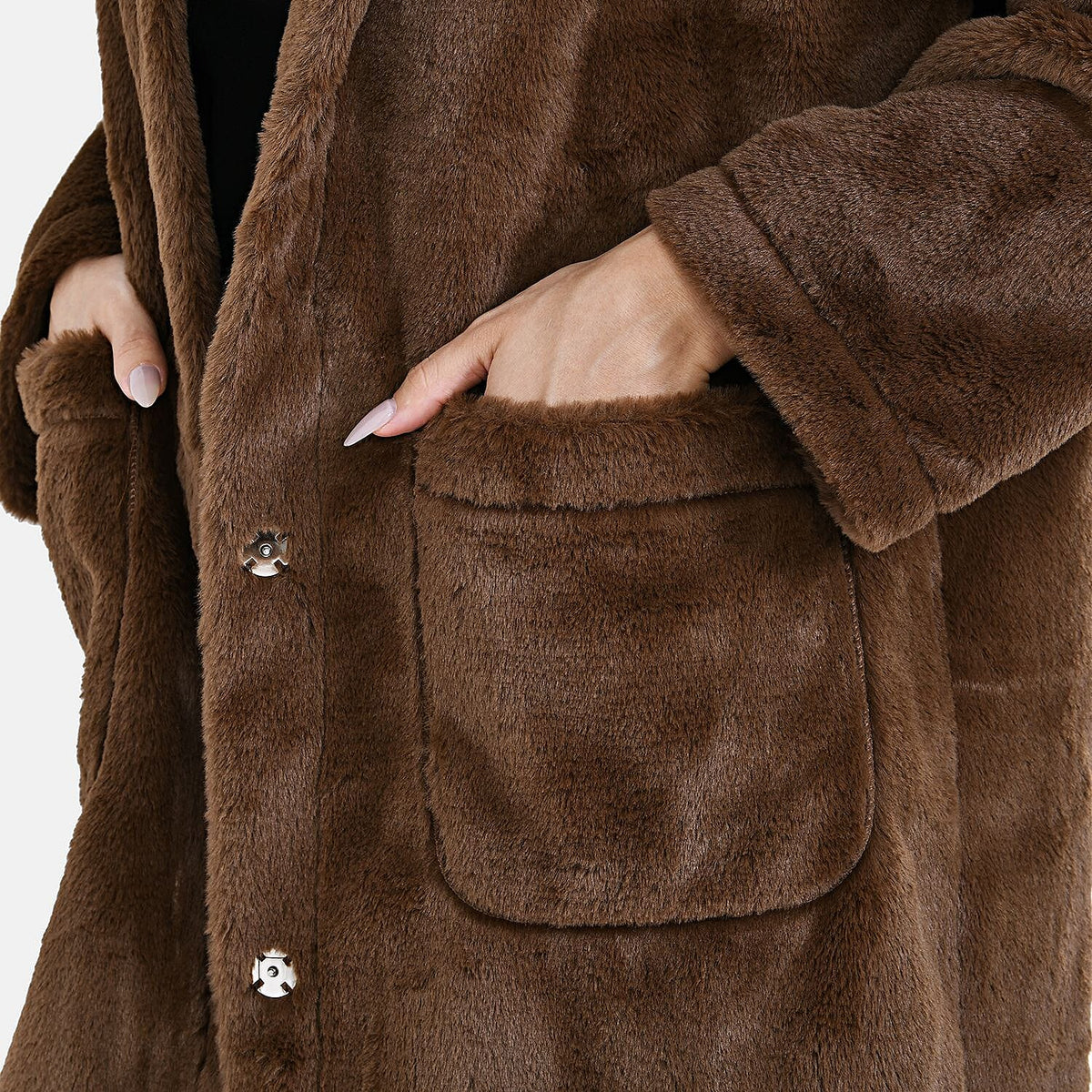 Faux Fur Collared Relaxed Longline Coat (Size L) - Brown 7575284 9