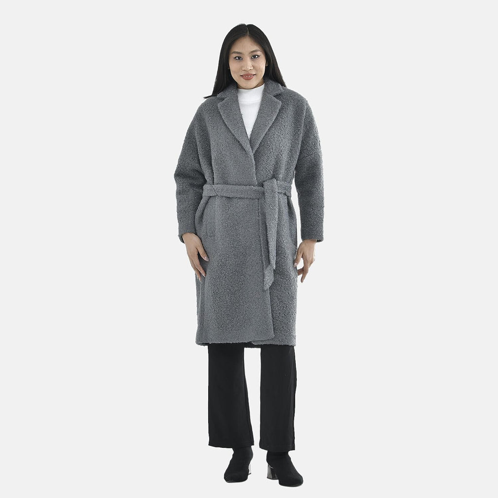 Tamsy Boucle Tie Belted Coat with 2 Side Pockets (Size L)  - Grey