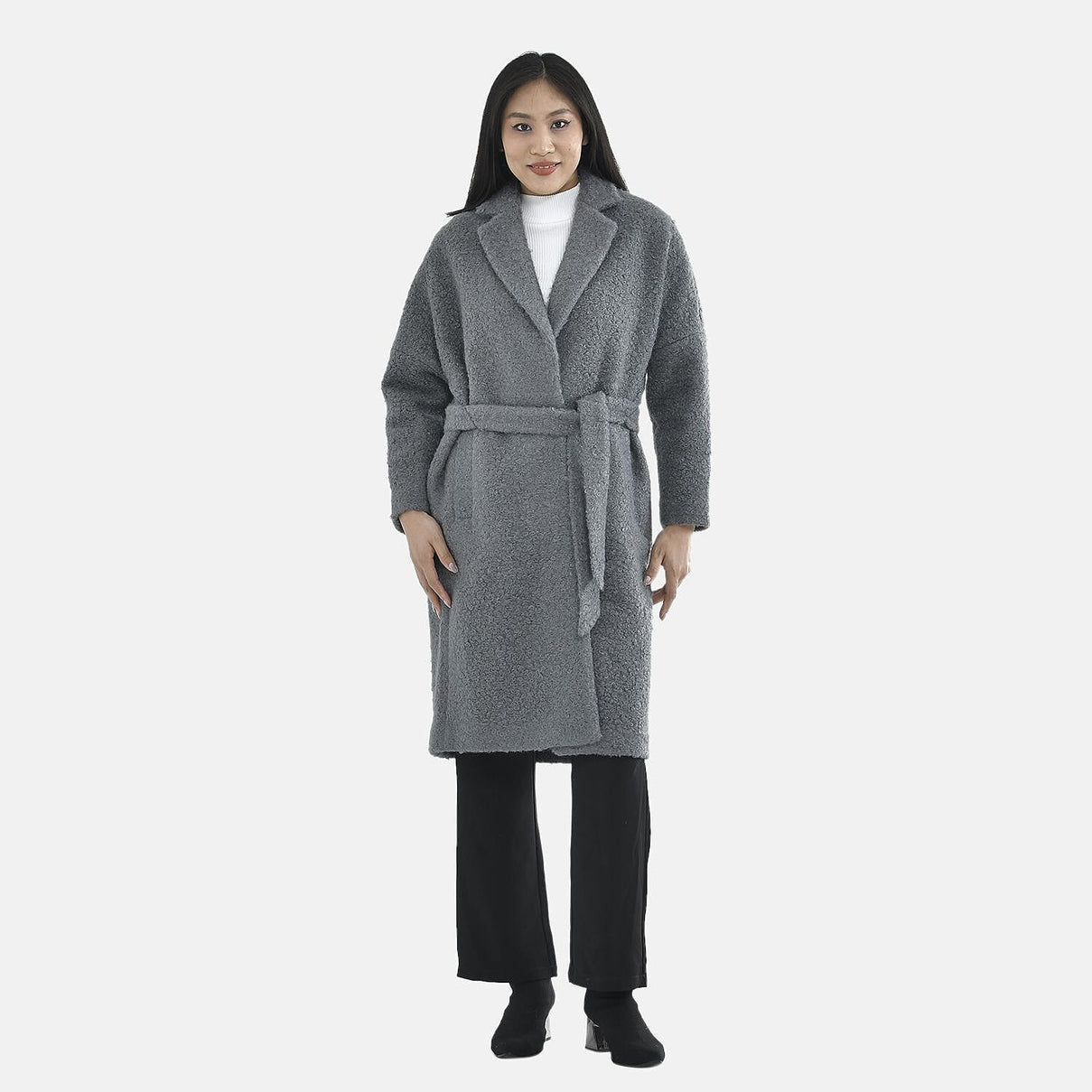 TAMSY Boucle Tie Belted Coat with 2 Side Pockets   - Grey 3890820 0