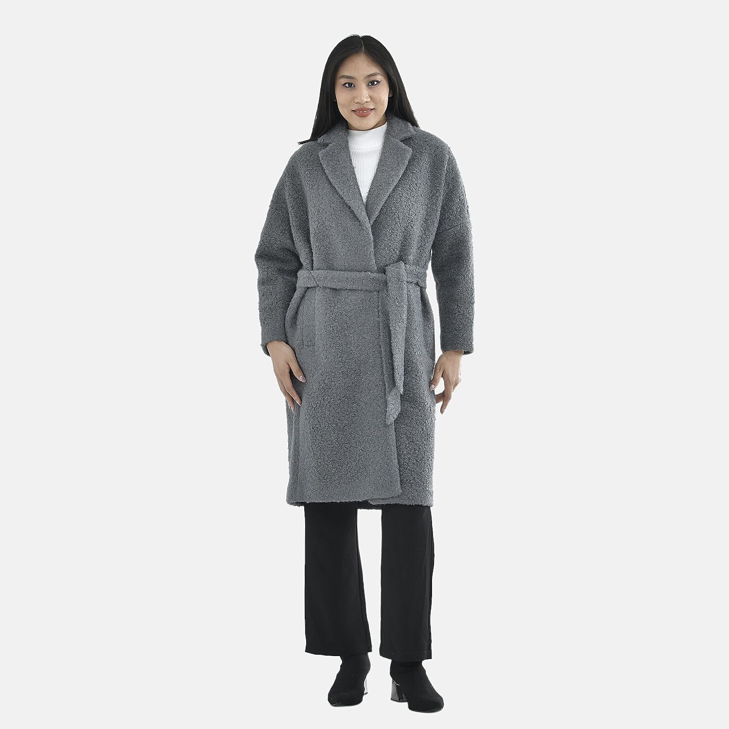 TAMSY Boucle Tie Belted Coat with 2 Side Pockets   - Grey 3890820 0