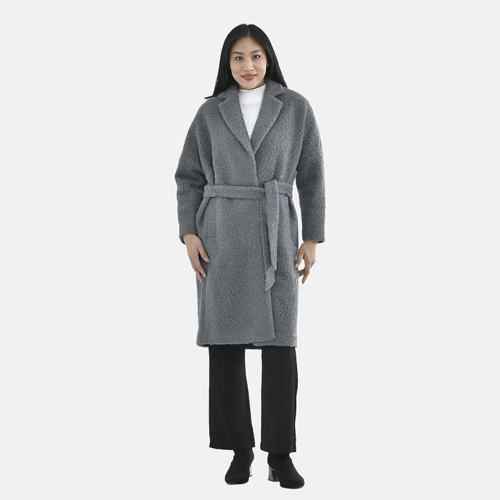 TAMSY Boucle Tie Belted Coat with 2 Side Pockets   - Grey 3890820 1