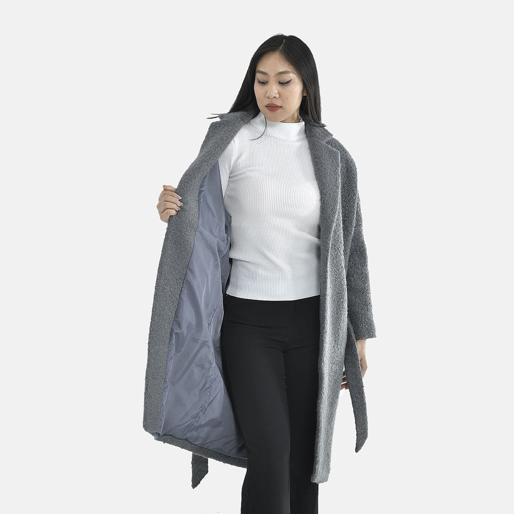 Tamsy Boucle Tie Belted Coat with 2 Side Pockets (Size L)  - Grey
