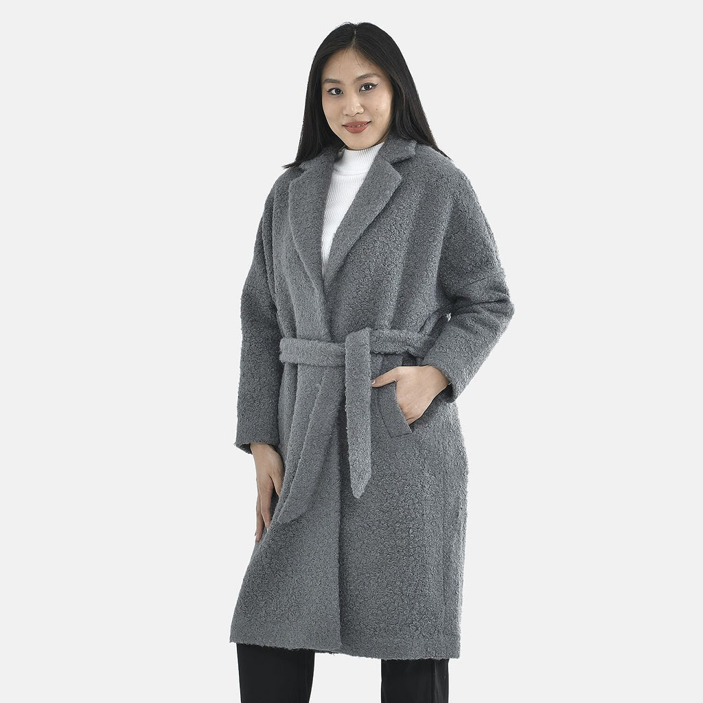 Tamsy Boucle Tie Belted Coat with 2 Side Pockets (Size L)  - Grey