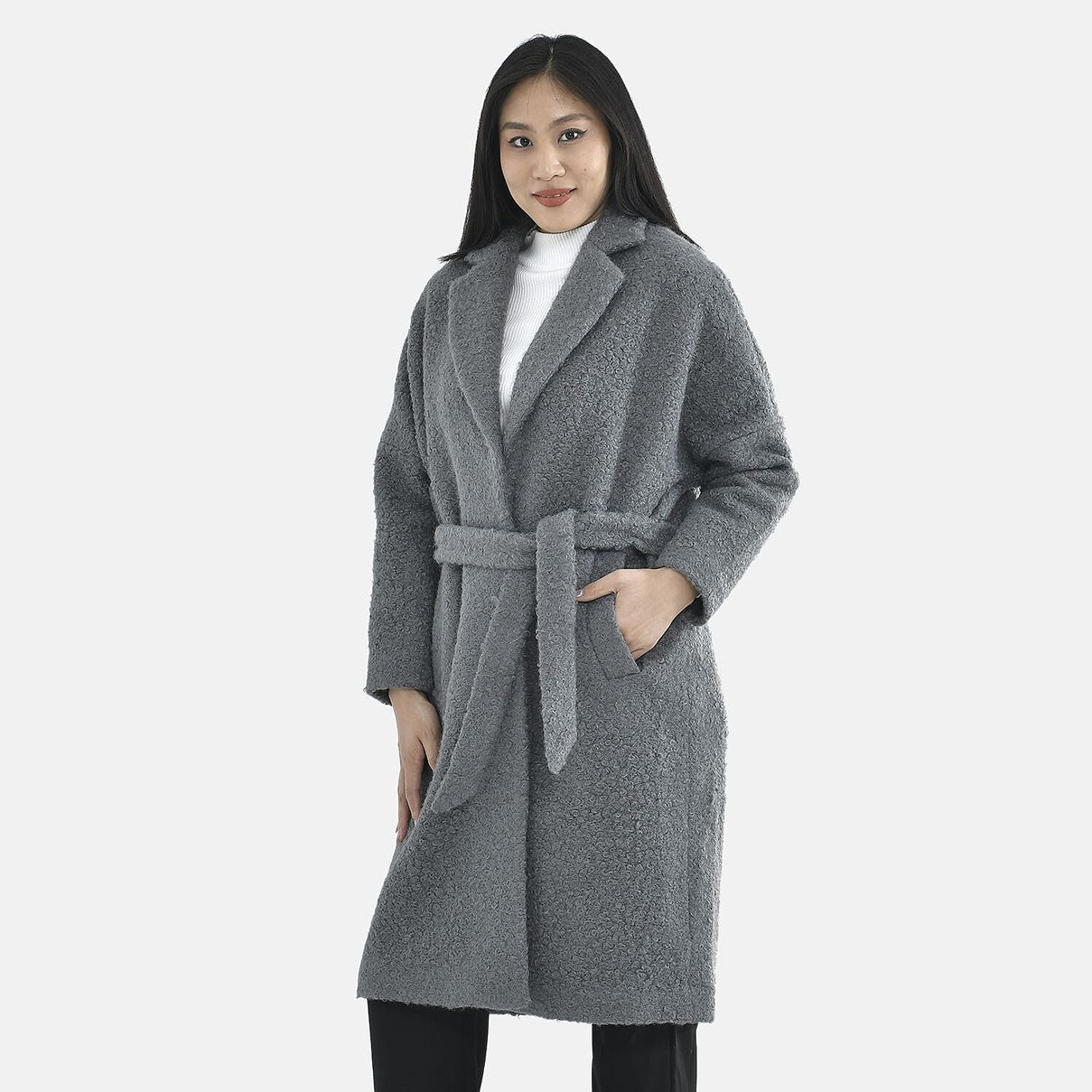 TAMSY Boucle Tie Belted Coat with 2 Side Pockets   - Grey 3890820 4