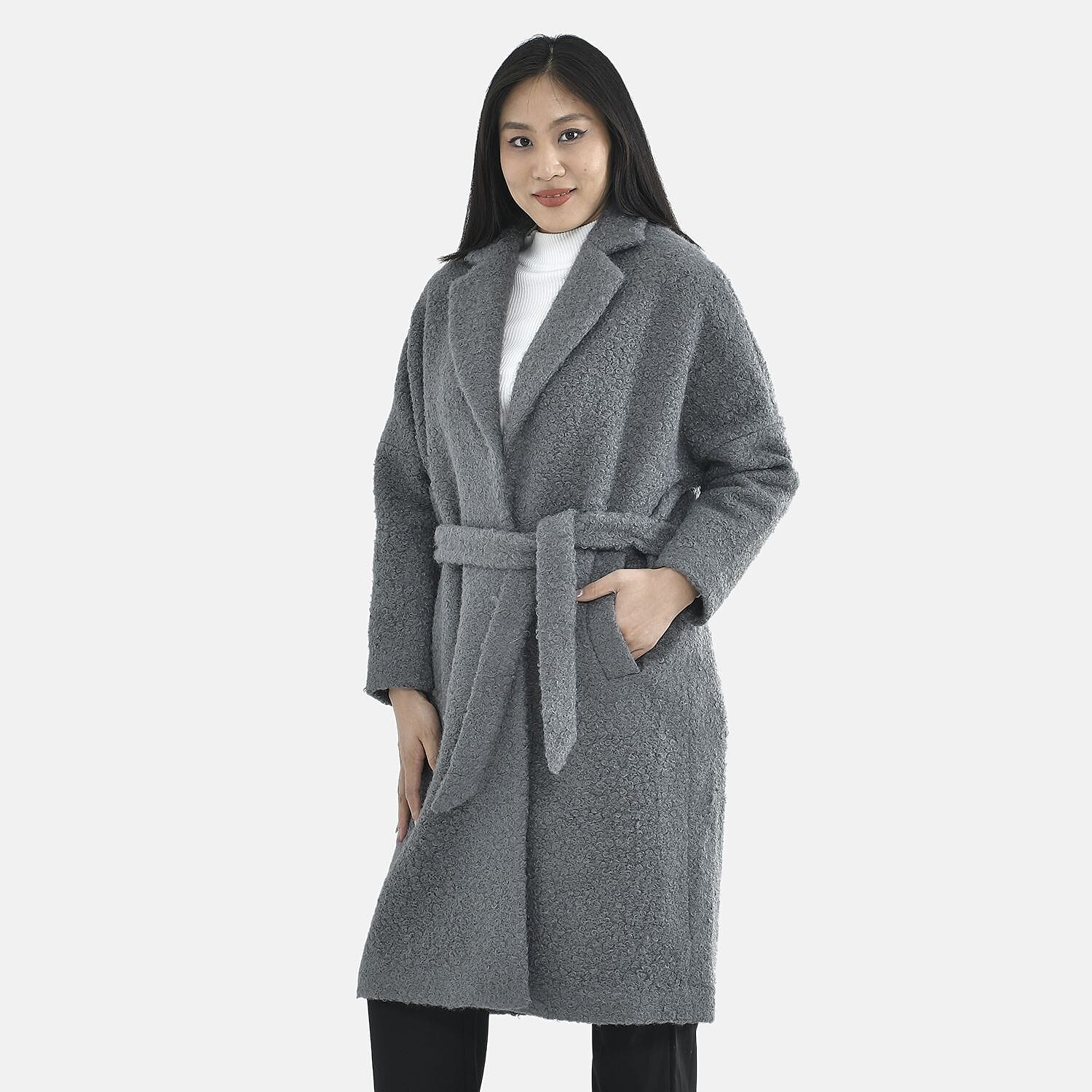 TAMSY Boucle Tie Belted Coat with 2 Side Pockets   - Grey 3890820 4