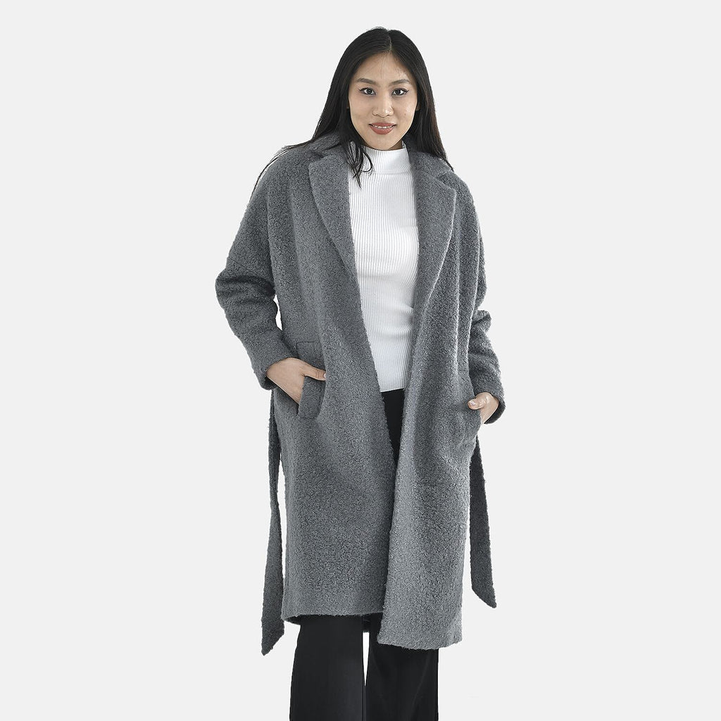 Tamsy Boucle Tie Belted Coat with 2 Side Pockets (Size L)  - Grey
