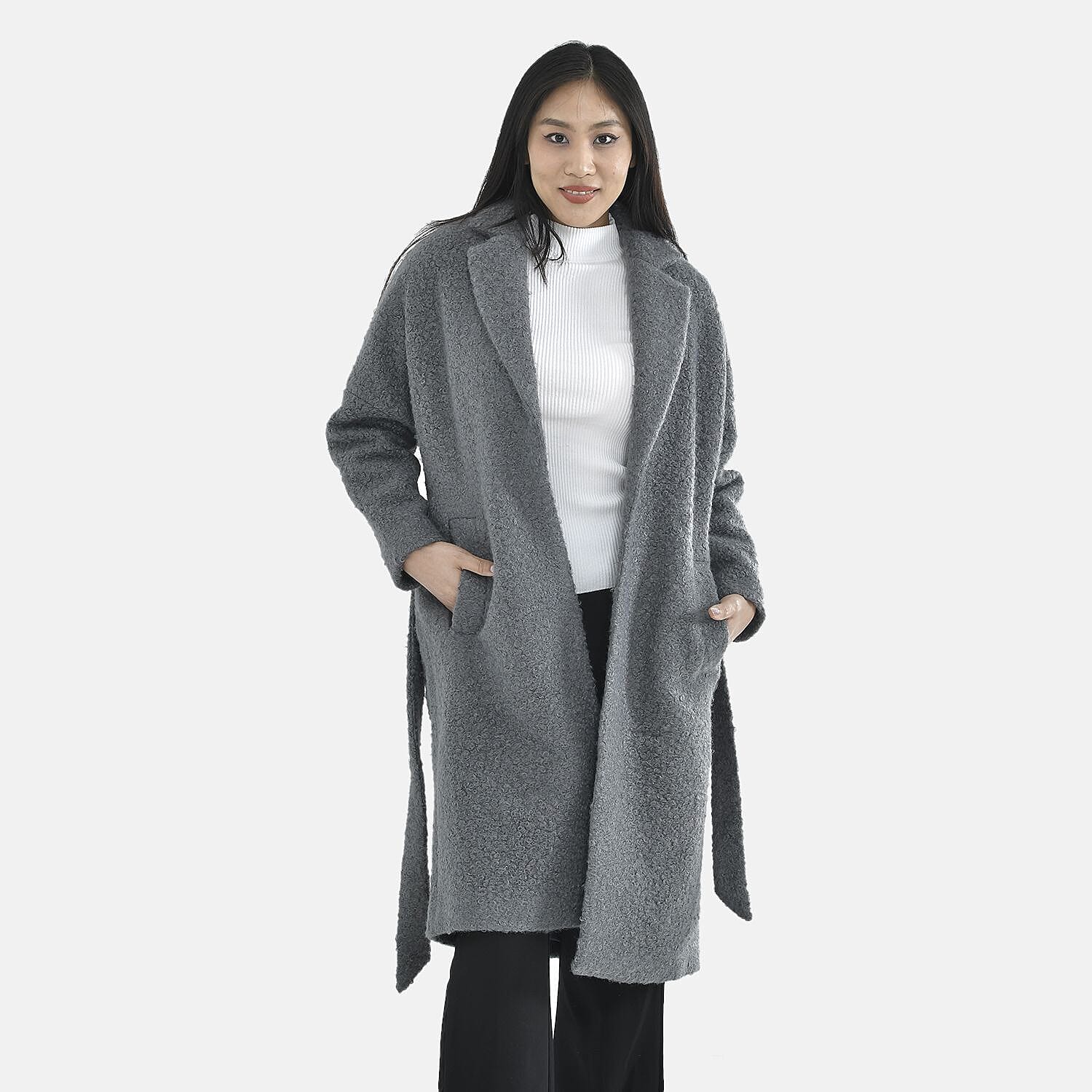 TAMSY Boucle Tie Belted Coat with 2 Side Pockets   - Grey 3890820 5