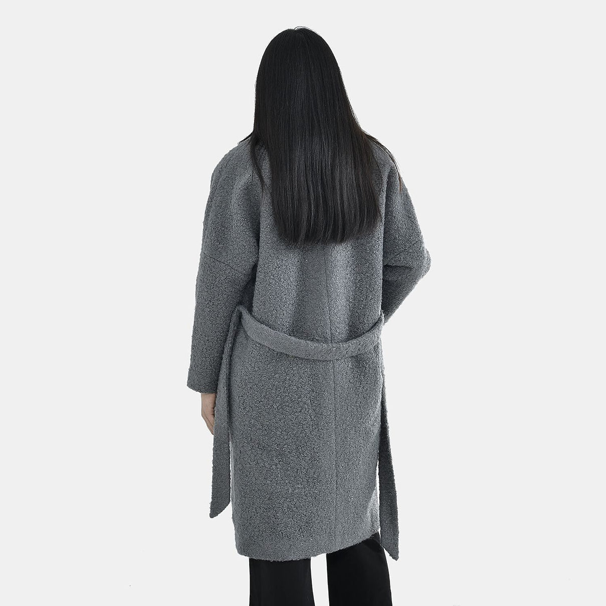 TAMSY Boucle Tie Belted Coat with 2 Side Pockets   - Grey 3890820 6
