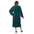 TAMSY Belted Plisse Round Neck Midi Dress with Keyhole & Tie Front Design (Curve Size, 20-26) - Green