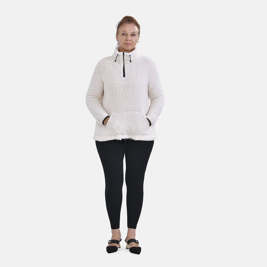 Half Zip Sherpa Sweatshirt With Handy Kangaroo Pocket (Size L) - White