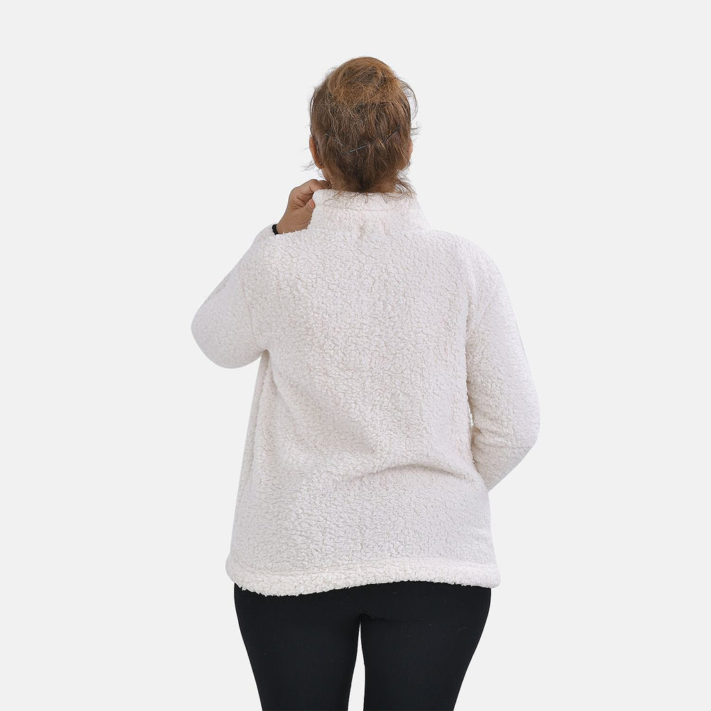 Half Zip Sherpa Sweatshirt With Handy Kangaroo Pocket (Size L) - White