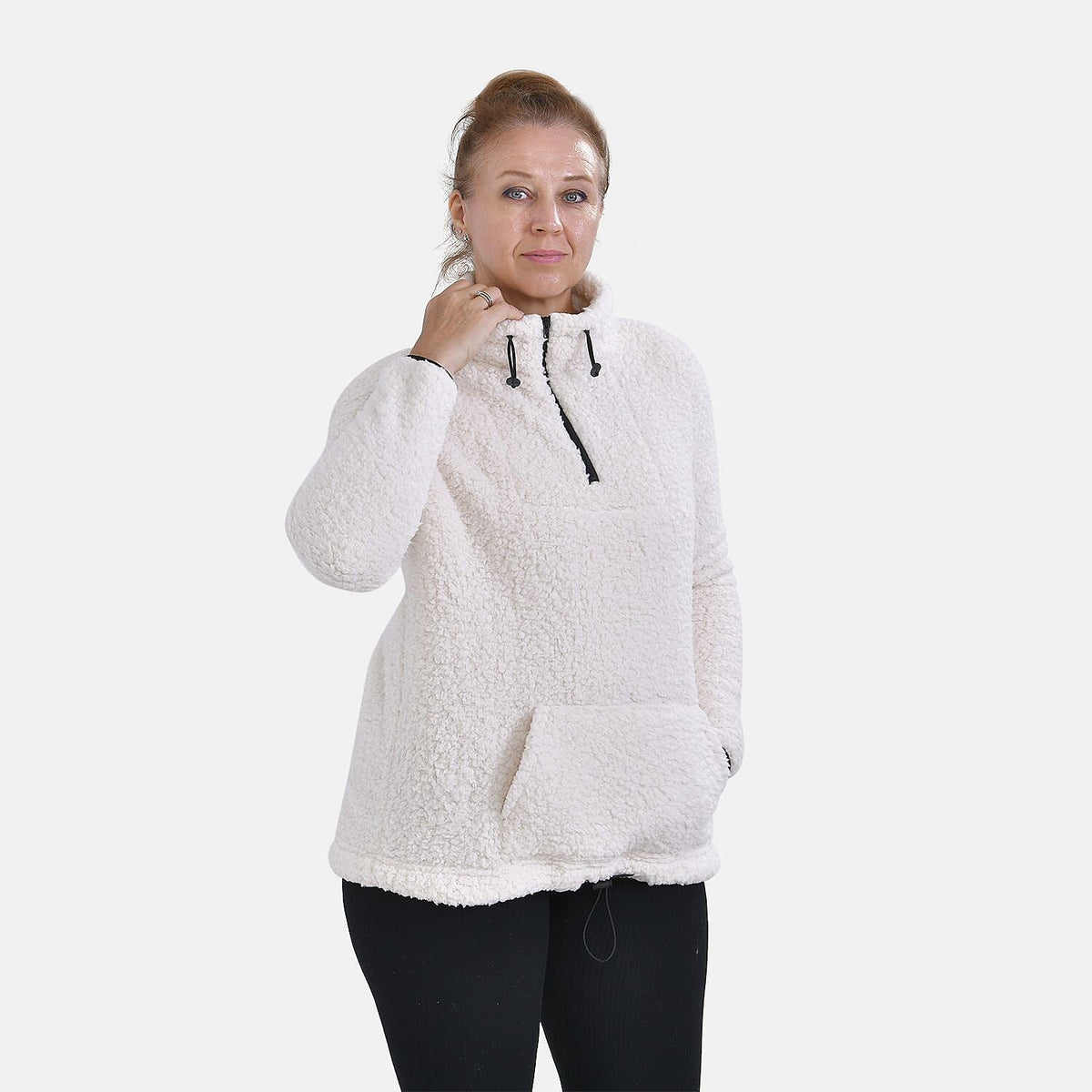 Half Zip Sherpa Sweatshirt With Handy Kangaroo Pocket (Size L) - Cream 7585883 3